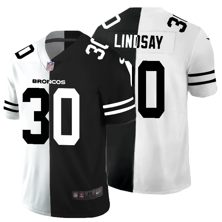 Men's Denver Broncos #30 Phillip Lindsay Black & White Split Limited Stitched Jersey